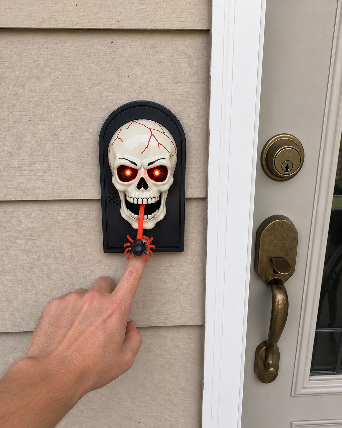 Customer photo of a White Skull Prank Ding-Dong with glowing red eyes and spider surprise
